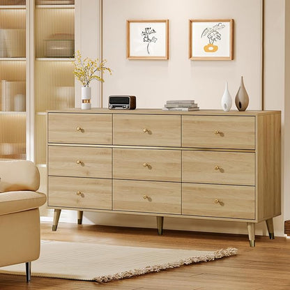 9 Drawer Dresser 63" Wide Mid Century Modern Chest of Drawers, Wood
