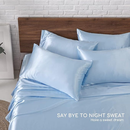 MR&HM Satin Bed Sheets, King Size Sheets Set, 6 Pcs Silky Bedding Set with 15 Inches Deep Pocket for Mattress (King, Light Blue)