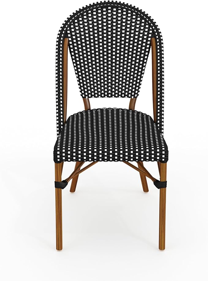 Martha Stewart Lily Pond Indoor Outdoor Stackable Aluminum Bistro Outdoor Chair with Natural Woodgrain Frame Finish and Black/White Woven Rattan Backrest and Seat