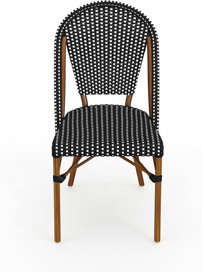 Martha Stewart Lily Pond Indoor Outdoor Stackable Aluminum Bistro Outdoor Chair with Natural Woodgrain Frame Finish and Black/White Woven Rattan Backrest and Seat