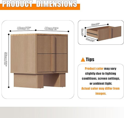 Fluted Night Stand with Charging Station, 22" Tall END Table with 2 Large Storage Drawers and 2 Widened Reinforced Legs, Modern Bedside Table for Bedroom, Living Room, Natural Oak