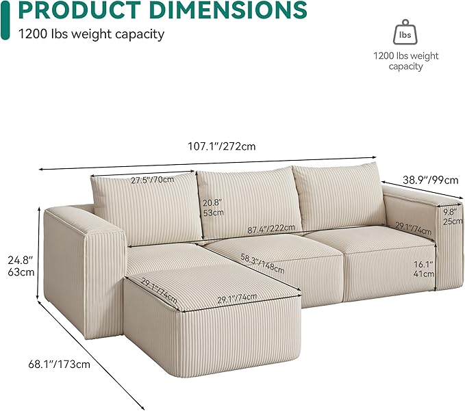 YITAHOME 107 Inch Cloud Modular Sofa with L-Shape Chaise, Deep Seat & 3 Pillows, Corduroy Couch for Living Room Bedroom, No Assembly Needed, Milky White