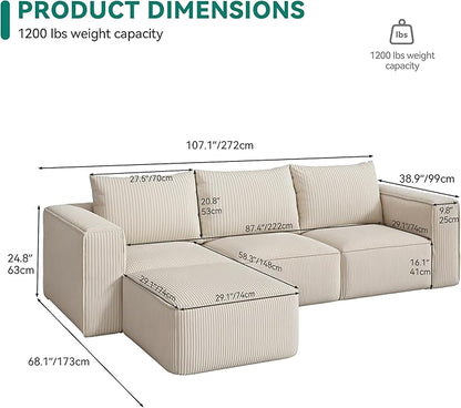 YITAHOME 107 Inch Cloud Modular Sofa with L-Shape Chaise, Deep Seat & 3 Pillows, Corduroy Couch for Living Room Bedroom, No Assembly Needed, Milky White