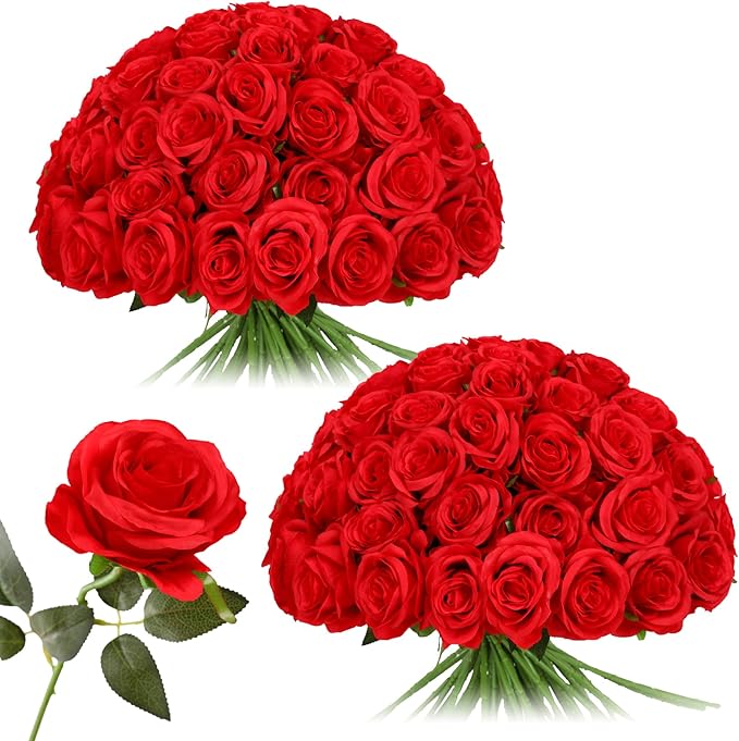 Nubry 50pcs Artificial Silk Roses Bulk,Fake Roses Flower with Stems Realistic Flowers for Wedding Centerpiece Home Party Decor(Red)