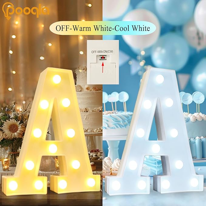 Pooqla LED Marquee Letter Lights, Warm White and Cool White Decorative Lighted Letters, Light Up Alphabet Letters for Boys Girls, Party, Wedding, Bar, Night Light, Birthday Decoration, Letter J