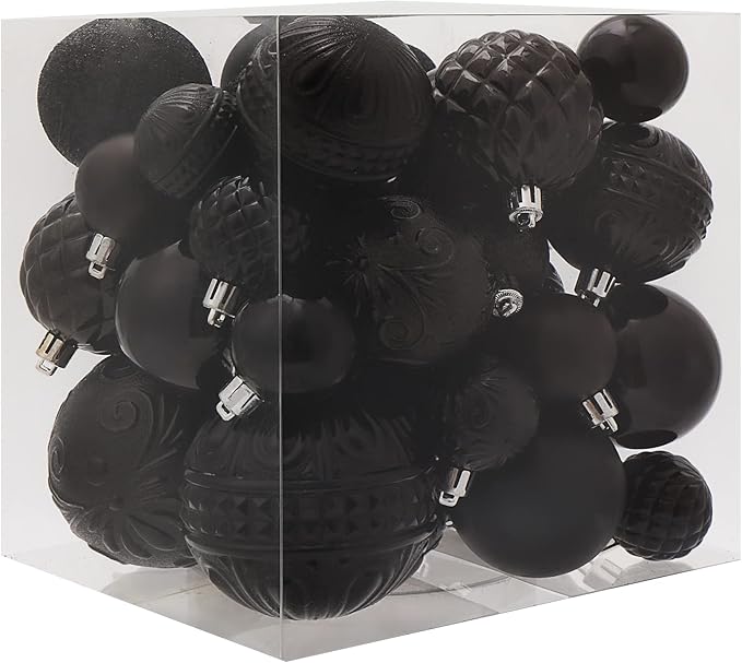 Christmas Ball Ornaments Black Christmas Tree Decorations with Hang Rope-36pcs Shatterproof Christmas Ornaments Set with 6 Styles in 3 Sizes(Small Medium Large)