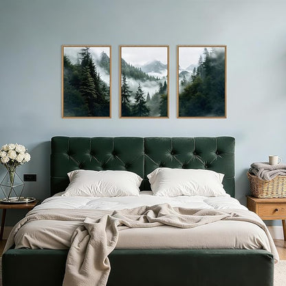 HOURIA Boho Forest Mountain Framed Canvas Wall Art Set,Nature Foggy Woodland Ridge Wall Decor,Misty Pine Tree Artwork,Sage Green Botanical Art Prints for Living Room, Bedroom, Farmhouse-24 x36 x3