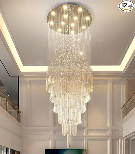 W32 x H100 Glam Chandelier with LED Bulbs Crystal Raindrop High Ceiling Pendant Light for Entrance Large Villa Chandelier Foyer Lighting Fixtures Silver