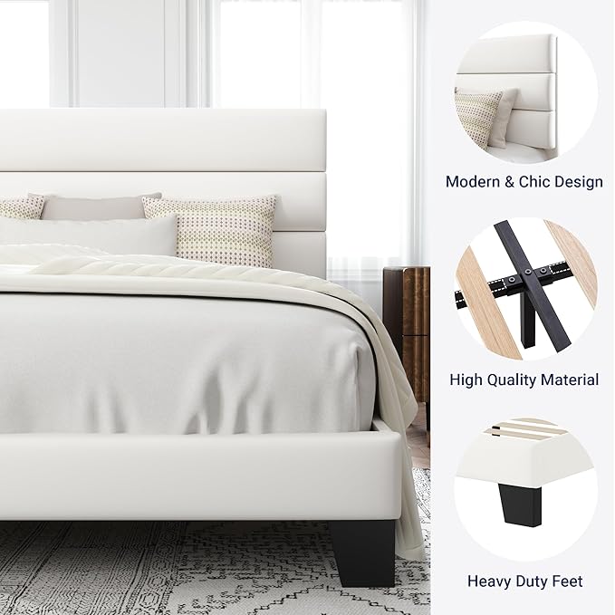 Allewie Queen Size Platform Bed Frame with Velvet Upholstered Headboard and Wooden Slats Support, Fully Mattress Foundation/No Box Spring Needed/Easy Assembly, White