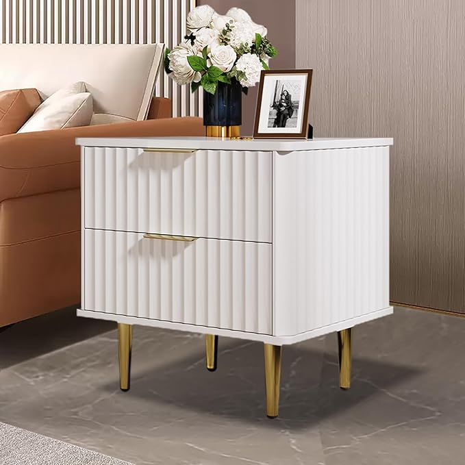 homary Modern Night Stand, White Night Stand with Drawers, Bedside Table with Gold Metal Legs for Bedroom Living Room