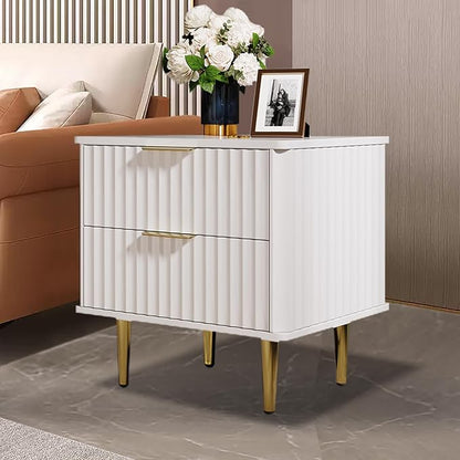 homary Modern Night Stand, White Night Stand with Drawers, Bedside Table with Gold Metal Legs for Bedroom Living Room