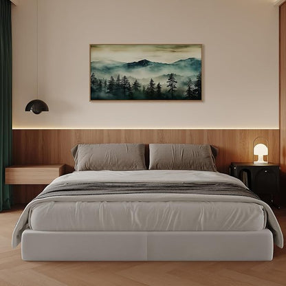 HOURIA Large Boho Mountain Forest Framed Canvas Wall Art Set,Nature Foggy Woodland Wall Decor,Modern Pine Tree Artwork,Watercolor Botanical Art Print for Living Room,Bedroom,Farmhouse- 20"×40"×1