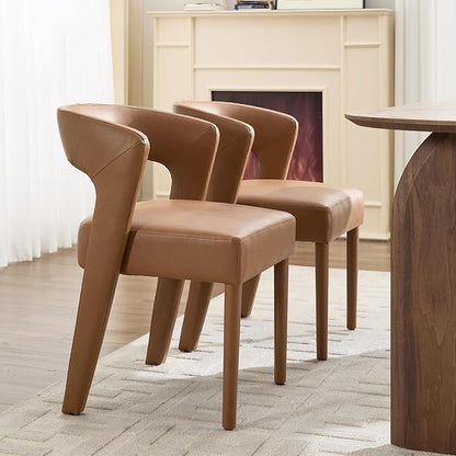 DUOMAY Modern Dining Chairs Set of 2, Leather Fabric Upholstered Kitchen Chairs with Curved Open Back Accent Side Chairs Dining Room Chairs with Wood Legs, Brown