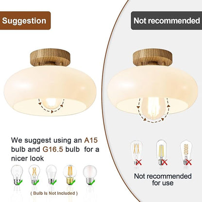 Mid-Century Modern Semi Flush Mount Ceiling Light, Faux Wood Kitchen Ceiling Light Fixture with Glass Shade, Mini White Close to Ceiling Lamp for Entryway Hallway Bathroom (11.0 Inch)