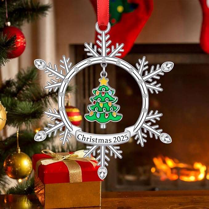 Christmas Ornament 2025, Silver Snowflake Ornament with Tree Design, Metal Hanging Engraved Christmas 2025 Ornaments, Holiday Keepsake Ornament for Xmas Tree Decor