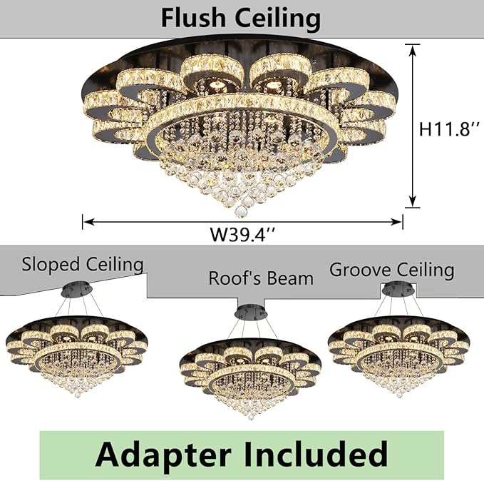 Modern Chandelier Living Room Light Glam Chandeliers Ceiling Light Fixture Remote Dimmable Lights 40 Inches Luxury Crystal Black Dining Room Lights