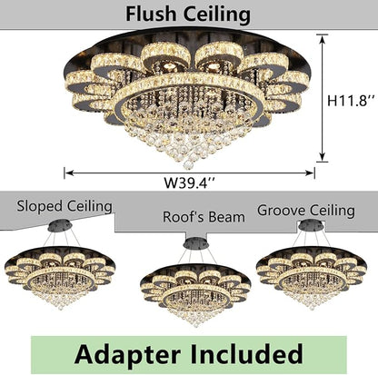 Modern Chandelier Living Room Light Glam Chandeliers Ceiling Light Fixture Remote Dimmable Lights 40 Inches Luxury Crystal Black Dining Room Lights
