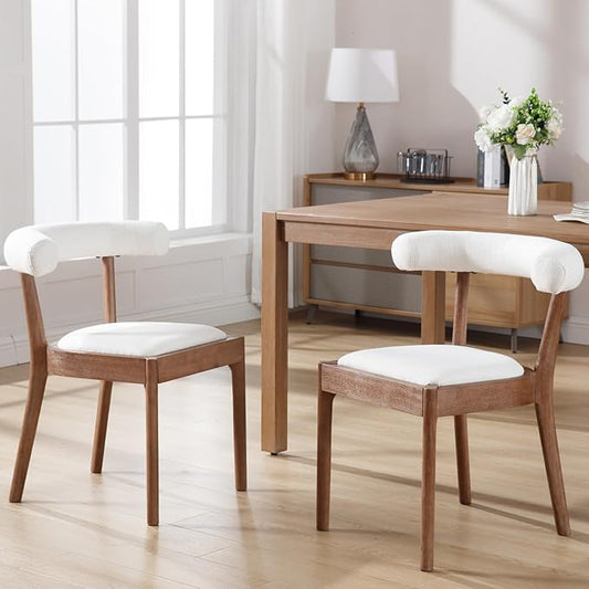 Wood Dining Chairs Set of 2, Mid Century Modern Living Room Chairs with Unique Curved Open Back Comfy Upholstered Side Chair for Kitchen/Restaurant/Reception, Linen White