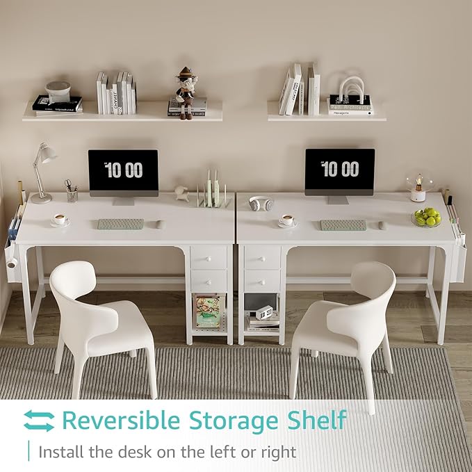 Lufeiya White Computer Desk with Drawers - 47 Inch PC Desk for Small Space Bedroom Home Office, Modern Simple Study Writing Table Desks with Storage Shelf, White