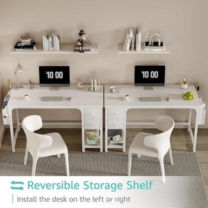 Lufeiya White Computer Desk with Drawers - 47 Inch PC Desk for Small Space Bedroom Home Office, Modern Simple Study Writing Table Desks with Storage Shelf, White