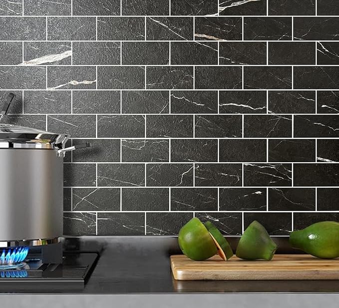 AULIGET 3" x 6" Subway Tile Peel and Stick Backsplash, Thick PVC Stick on Wall Tiles (100, Black Marble + White Grout)