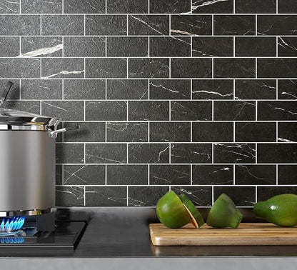 AULIGET 3" x 6" Subway Tile Peel and Stick Backsplash, Thick PVC Stick on Wall Tiles (100, Black Marble + White Grout)