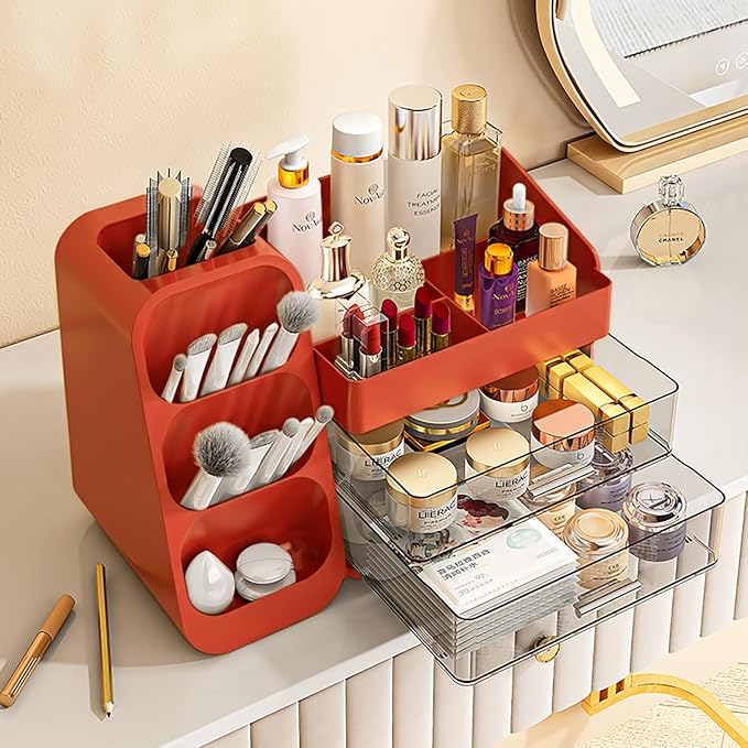 Makeup Organizer with Drawers for Vanity,Spacious Cosmetic Display Case,Perfect Storage Solution for Your Beauty Essential (Red)