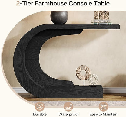 Tribesigns 43.3" Farmhouse Console Table for Entryway, Unique C-Shaped Rustic Sofa Table Behind Couch with Storage for Living Room, Hallway, Entry, Entrance, Foyer, Easy Assembly, Black