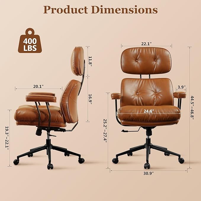 Mid Century Modren Big and Tall Office Chair,Large Ergonomic Executive Chair for Heavy Duty People, Desk Task Chair with Wheels, Faux Lether Fabric Wide Chair for Home Sturdy,Brown(PU)