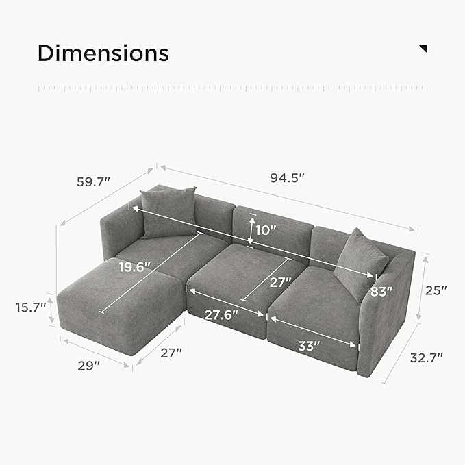 Acanva Luxury L-Shaped Upholstery Convertible Modular Sectional Sofa, Contemporary Reversible Couch with Chaise Lounge for Living Room, Apartment, Linen-Like Grey