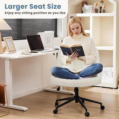 DUMOS Criss Cross Chair with Wheels, Wide Cross Legged Desk Vanity Chairs, Fabric Armless Adjustable Swivel Chairs for Home Computer Task, Beige