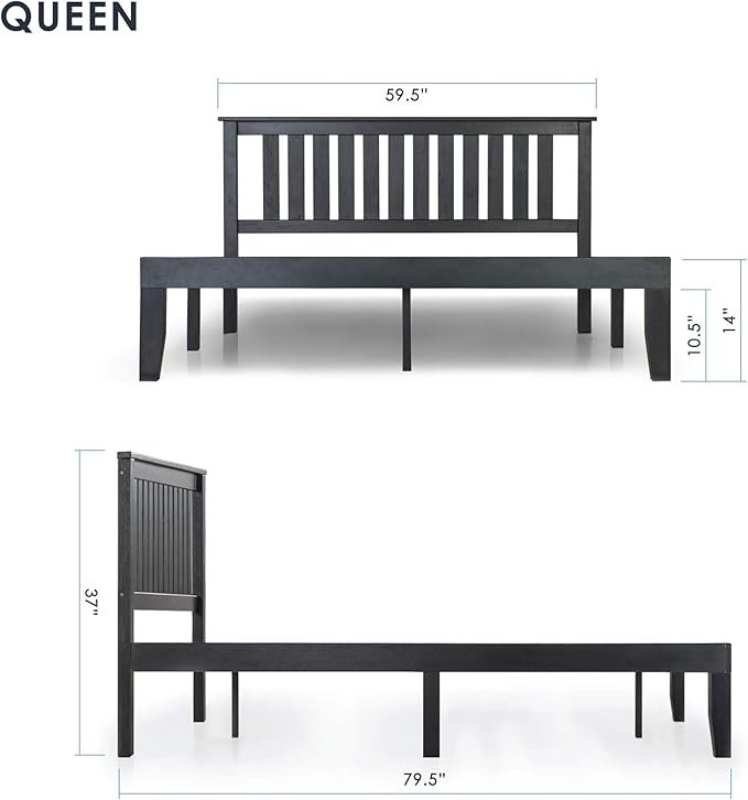 Mellow Marley 14 Inch Solid Wood Platform Bed with Paneled Headboard, Ebony Black, Queen