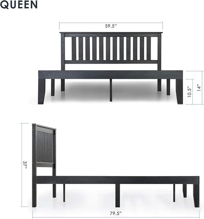 Mellow Marley 14 Inch Solid Wood Platform Bed with Paneled Headboard, Ebony Black, Queen