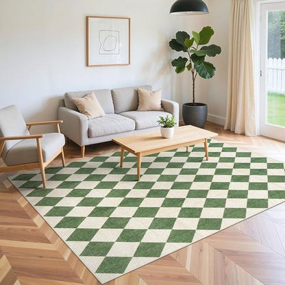 LIVEBOX 5x7 Checkered Rugs for Living Room, Washable Diamond Green Rug Non-Slip Modern Neutral Geometric Plaid Area Rugs for Bedroom, Low Pile Farmhouse Carpet for Office Kids Room Classroom Dorm