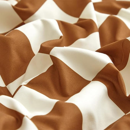 CLOTHKNOW Plaid California King Comforter Set Brown Beige Bedding Comforter Sets Soft All Season Checker Caramel Comforter with 2 x Pillow Cases