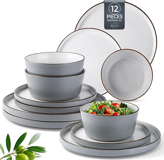 AmorArc Dinnerware Sets of 4, 12 Piece Plates and Bowls Set, Chip and Crack Resistant, Dishwasher & Microwave Safe Ceramic Dishes Set