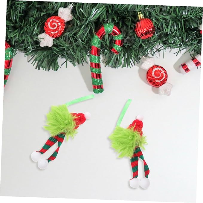 6pcs Christmas Tree Hanging Ornaments with Santa Hat and Striped Scarf Fuzzy Plush Pom Pom Balls Lightweight Holiday Decorations for Indoor and Outdoor Festive Party