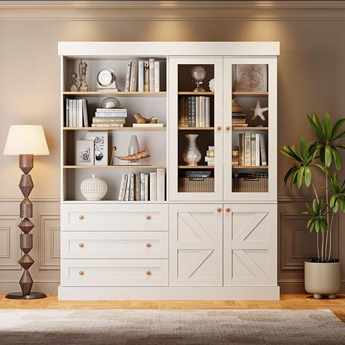 Vyre 71" Tall Farmhouse Bookshelves with Glass Doors and Drawers, Set of 2 – Large Modular Bookcase with Adjustable Shelves, Storage Cabinet for Living Room, Kitchen, White