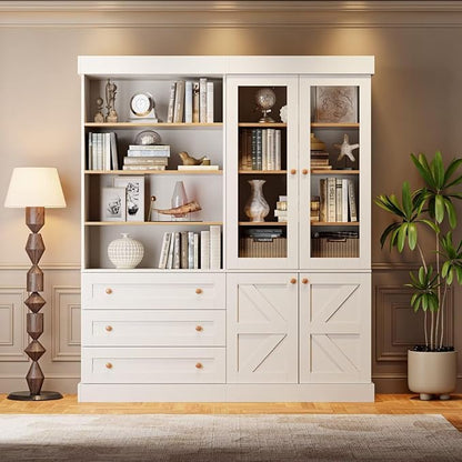Vyre 71" Tall Farmhouse Bookshelves with Glass Doors and Drawers, Set of 2 – Large Modular Bookcase with Adjustable Shelves, Storage Cabinet for Living Room, Kitchen, White
