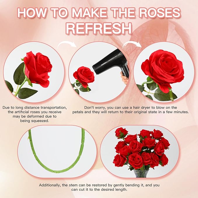 Nubry 50pcs Artificial Silk Roses Bulk,Fake Roses Flower with Stems Realistic Flowers for Wedding Centerpiece Home Party Decor(Red)