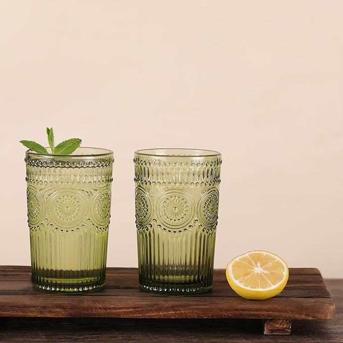 Vintage Glassware Drinking Glasses Set of 4-13 oz Green Highball Glasses Water Tumbler, Embossed Glassware Cups for Juice, Beer, Cocktail, Whiskey, Various Mixed Drinks