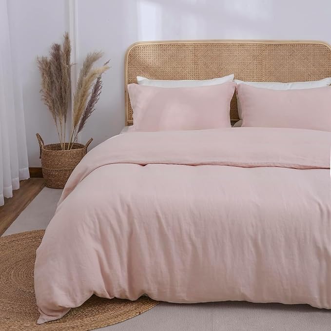 Simple&Opulence 100% Linen Duvet Cover Set, 3 PCS Natural French Flax Blush Pink Duvet Cover Queen Size, Breathable Soft Comfy Linen Bedding Comforter Cover with 2 Pillowcases(Blush Pink, 88"x92")