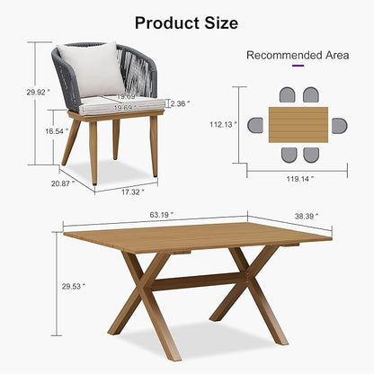 PURPLE LEAF 7 Pieces Patio Dining Table Set Wicker Outdoor Furniture Rectangular Table and Chairs Set for Garden Deck Teak-Finish Aluminum Frame Backyard Kitchen Set, Cushions and Pillows Included