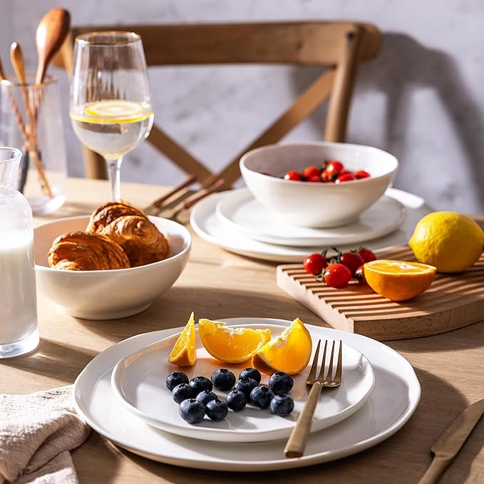 LERATIO Ceramic Dinnerware Sets for 8,Porcelain Plates and Bowls Sets with Wavy Edge,Microwave & Dishwasher & Oven Safe,Light Weight & Scratch Resistant Dishes Sets-Service for 8 (24pcs)-White