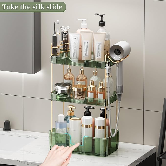 3 Tier Bathroom Organizer Countertop Makeup Perfume Skincare Organizer Comes with Hair Dryer Rack and Toothbrush Holder for Bathroom Dresser Vanity (Green)