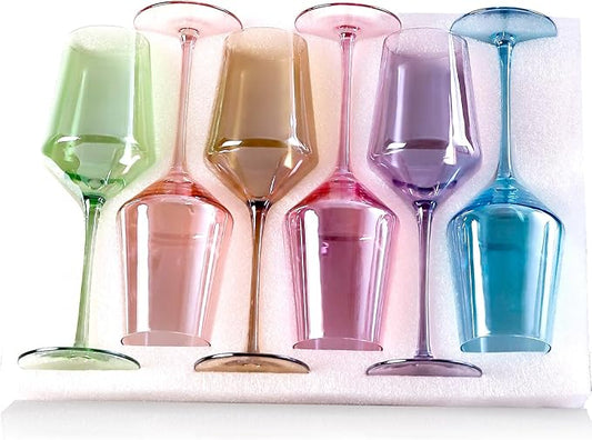Physkoa Colored Wine Glasses Set of 6-15oz Hand Blown Crystal Colorful Glassware with Long Stem, Multicolor Glassware for Wine Lovers, Wedding, Birthday Mother's Day Easter Gifts for Women