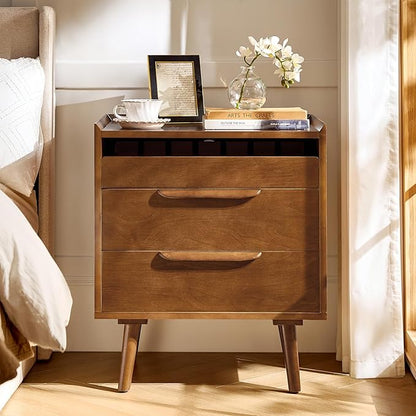 HULALA HOME Nightstand with Charging Station, Mid-Century Modern 2 Drawer and Open Shelf Bedside Tables, Wood Night Stand with USB Ports and Outlets for Bedroom, Acorn