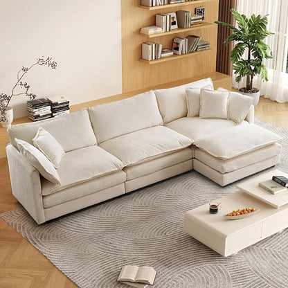 SoarFlash Chenille Sectional Sofa, Comfy L Shaped Modular Coush Sofa with Ottoman, Modern 3 Seat Couch Deep Seat Sofa Set for Living Room,Light Coffee