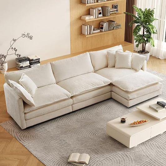 SoarFlash Chenille Sectional Sofa, Comfy L Shaped Modular Coush Sofa with Ottoman, Modern 3 Seat Couch Deep Seat Sofa Set for Living Room,Light Coffee