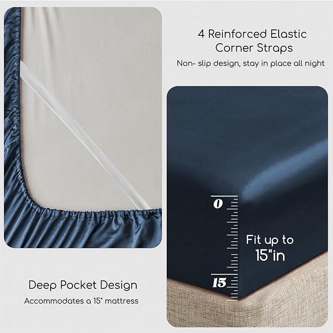 MR&HM Satin Bed Sheets with Elastic Corner Straps, Queen Size Sheets Set, 4 Pcs Silky Bedding Set with 15 Inches Deep Pocket for Mattress (Queen, Mood Indigo)